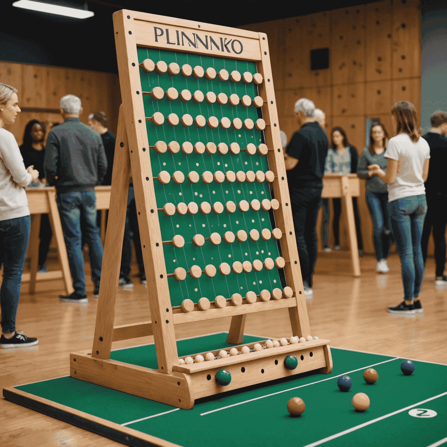 Ein Plinko-Brett mit fallenden Bällen, die verschiedene Pfade nehmen. Im Hintergrund sind Anfänger zu sehen, die das Spiel beobachten und lernen.