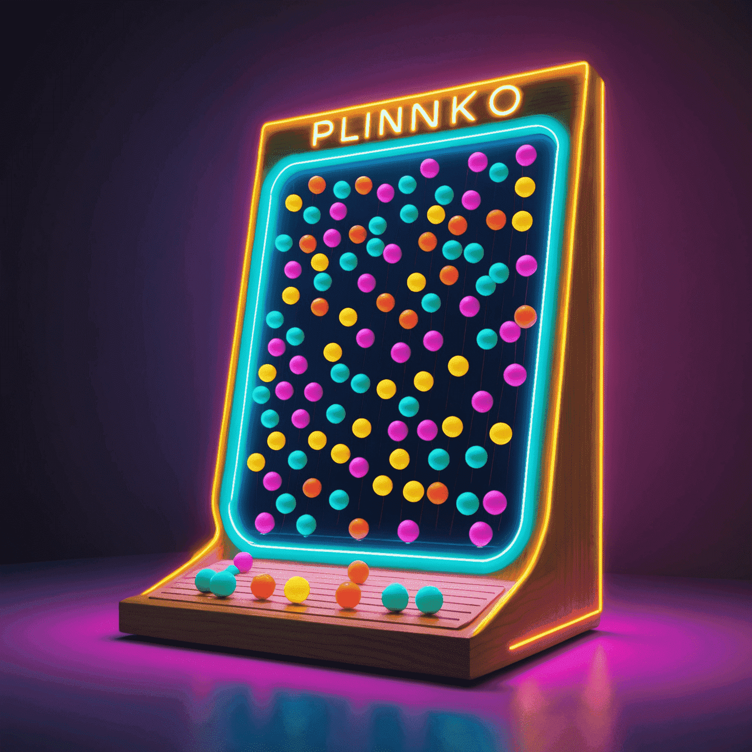 Ein Plinko-Brett mit fallenden Bällen, umgeben von leuchtenden Neonlichtern