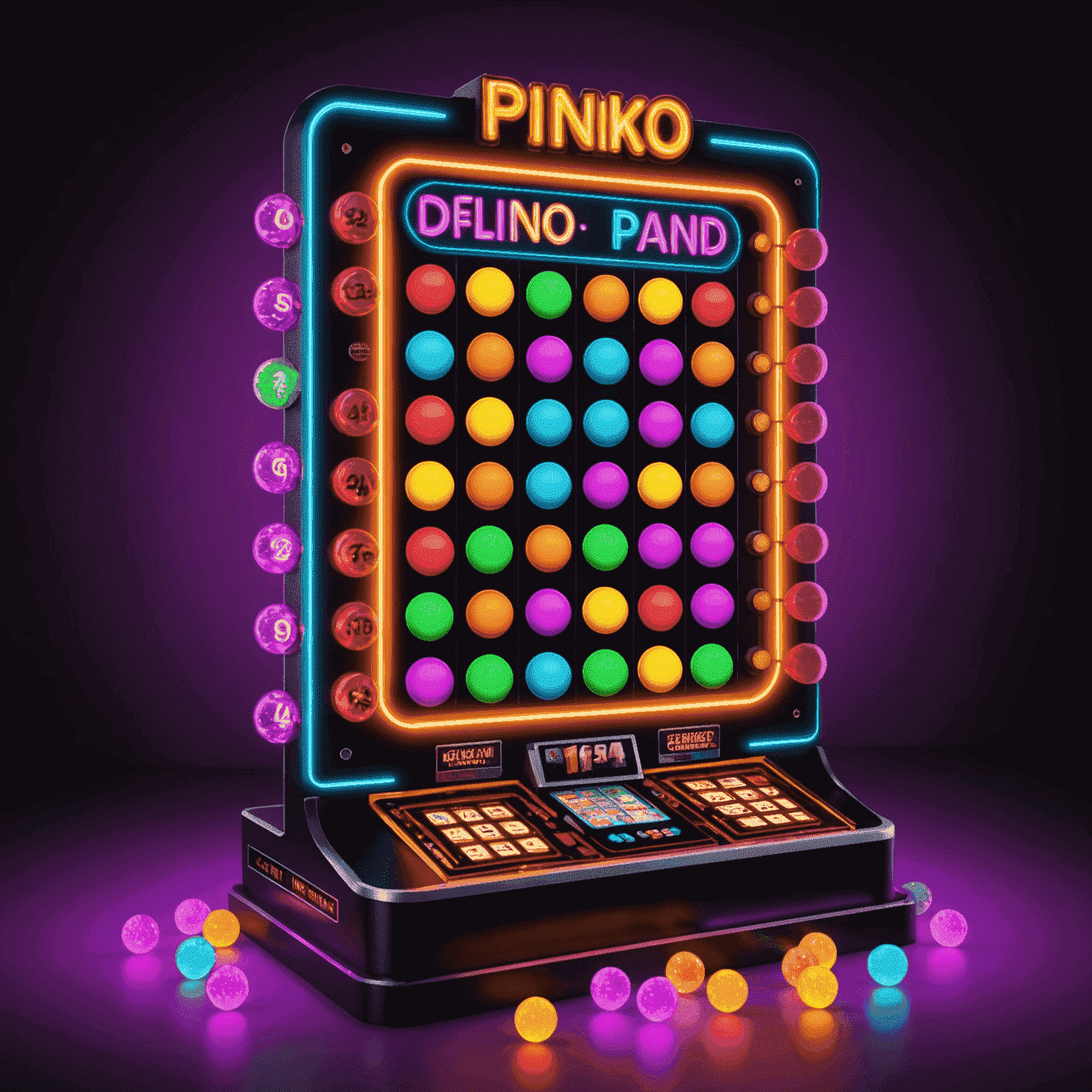 Ein Plinko-Brett mit fallenden Bällen, die zwischen Stiften prallen und in verschiedene Preisfächer fallen. Das Brett leuchtet in Neonfarben und ist von einer aufregenden Casinoatmosphäre umgeben.