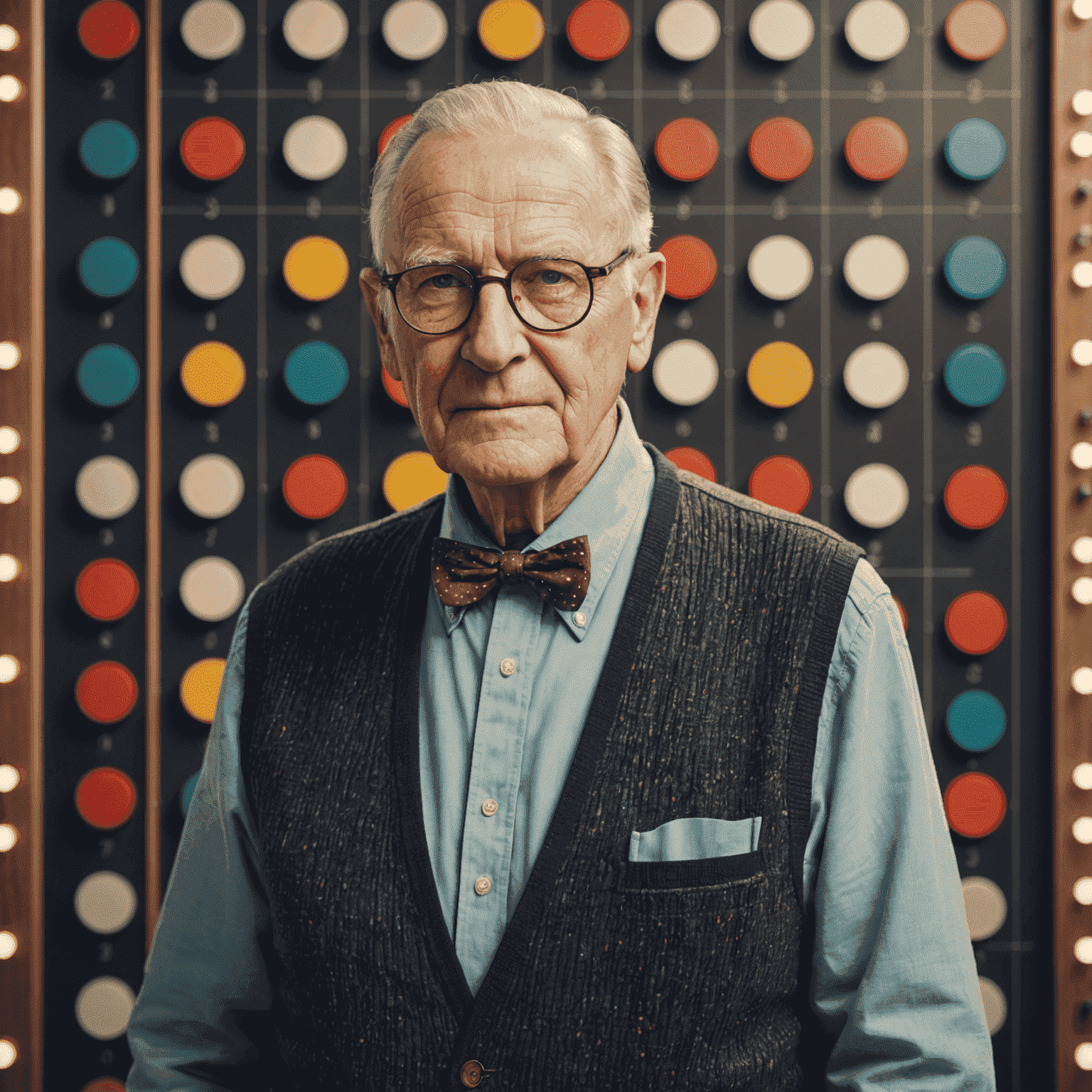 Hans Schmidt, ein älterer Herr mit Brille, der konzentriert vor einem großen Plinko-Brett steht