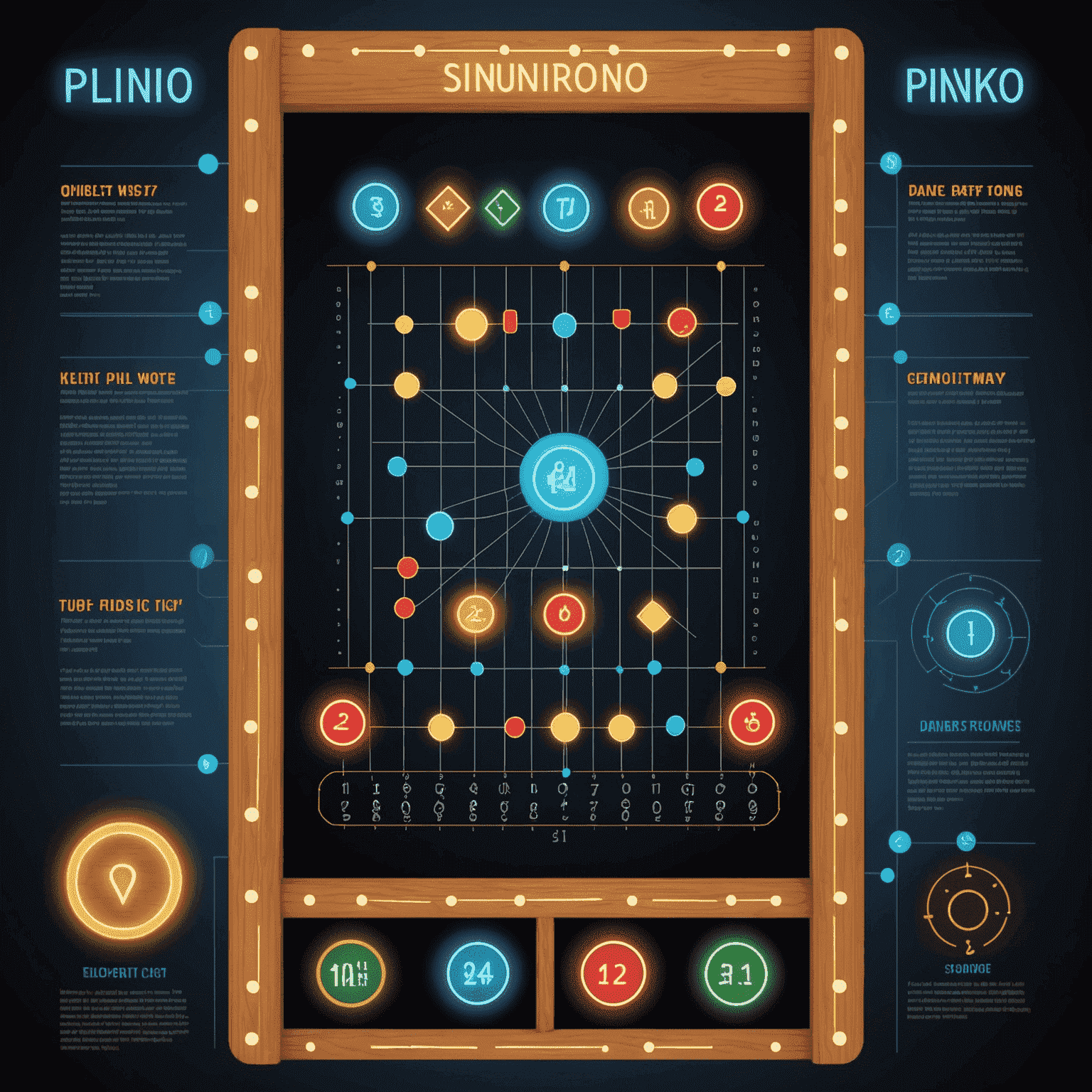 Eine Infografik mit Plinko-Strategien, dargestellt durch leuchtende Pfeile und Symbole