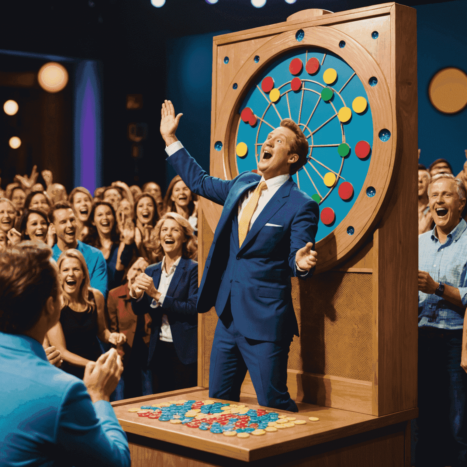 Ein Bild von einer klassischen Plinko-Runde in einer Fernsehshow. Es zeigt einen aufgeregten Kandidaten, der gerade einen Chip fallen lässt, umgeben von einem begeisterten Studiopublikum.