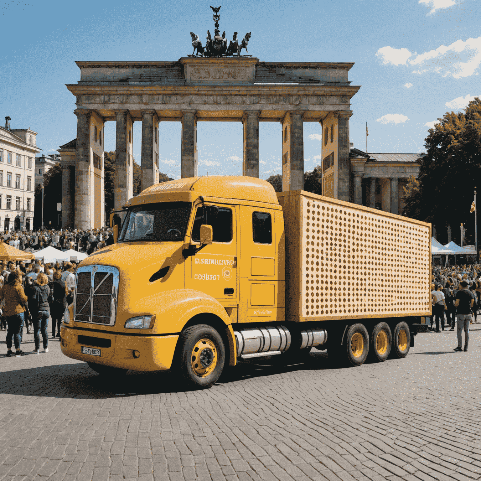 Ein auffällig gestalteter Truck mit riesigem Plinko-Brett an der Seite, der vor dem Brandenburger Tor in Berlin parkt. Menschen stehen Schlange, um zu spielen.