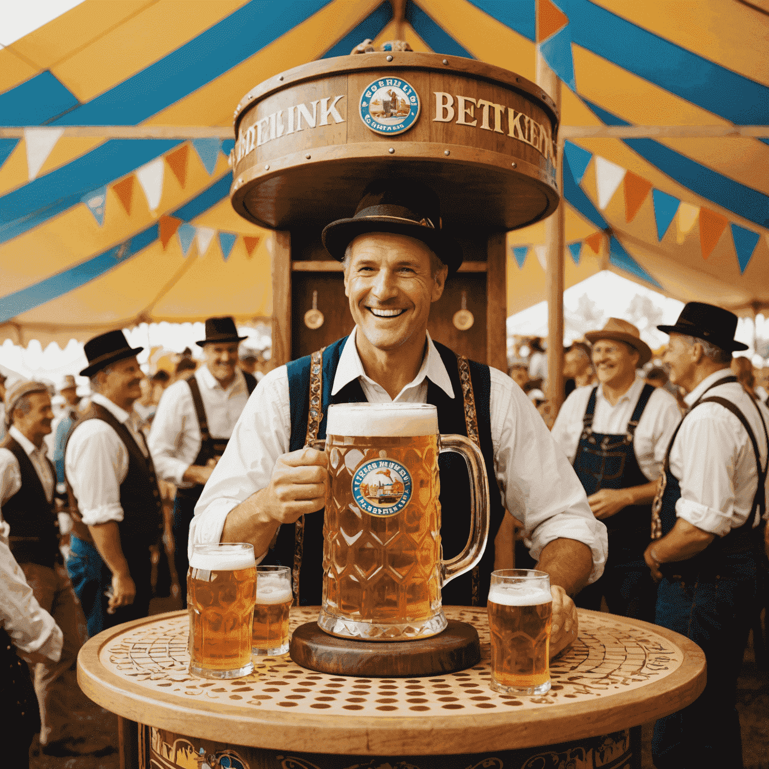 Ein überdimensionales, bierkrugförmiges Plinko-Brett im traditionellen Oktoberfest-Zelt. Fröhliche Menschen in Tracht spielen begeistert Plinko, während im Hintergrund eine Blaskapelle spielt.