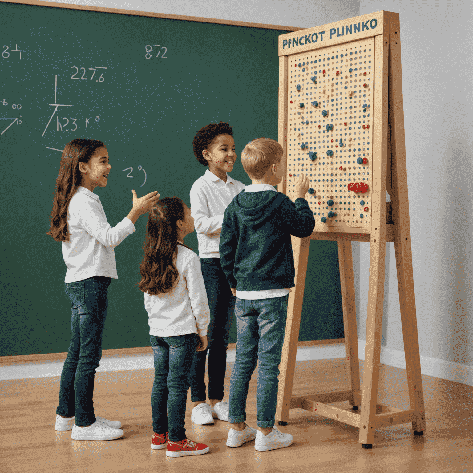 Schulkinder, die begeistert um ein Plinko-Brett herum stehen und mathematische Berechnungen anstellen