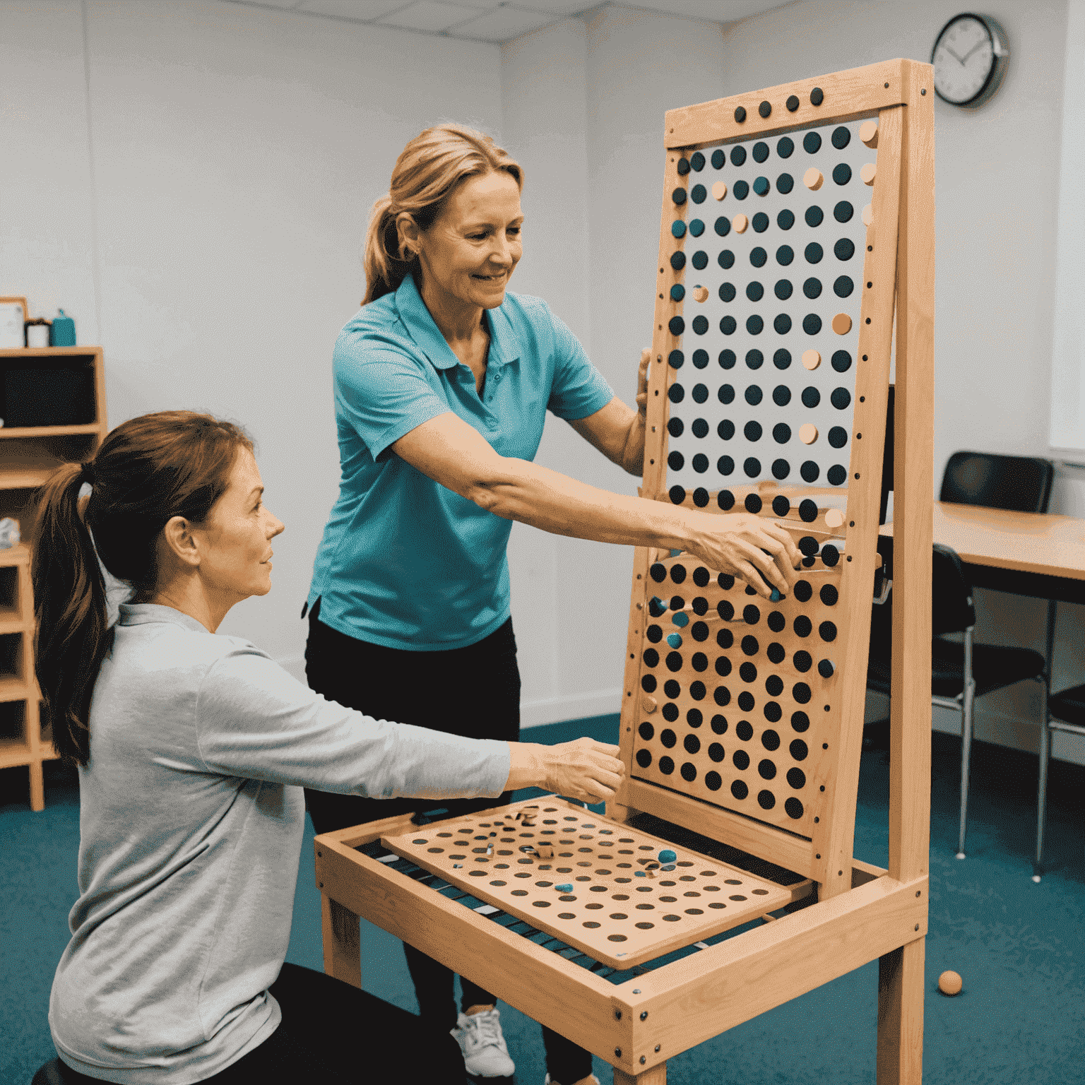 Eine Physiotherapeutin, die einem Patienten bei einer Plinko-basierten Übung zur Verbesserung der Motorik hilft