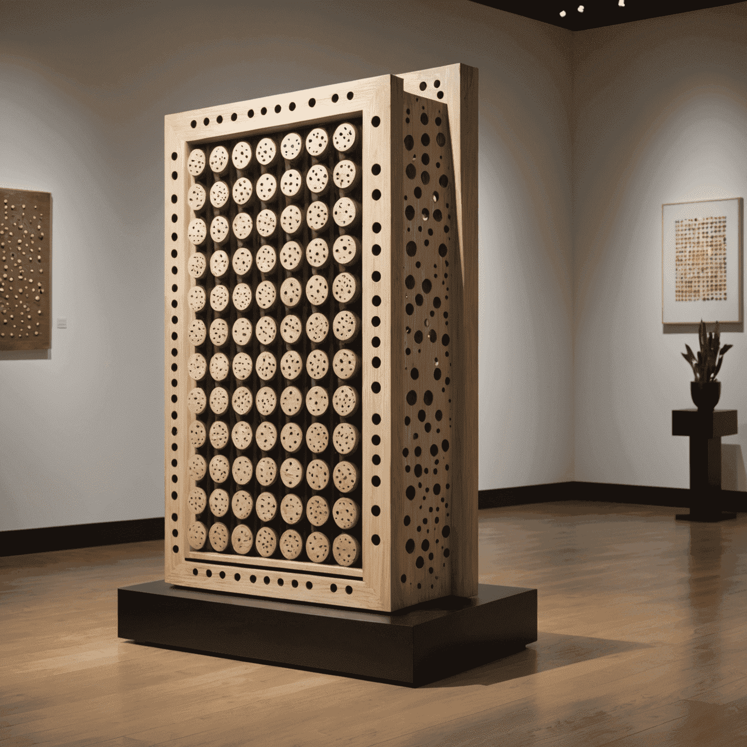 Eine abstrakte Skulptur, die von Plinko-Brettern inspiriert ist, in einer modernen Kunstgalerie